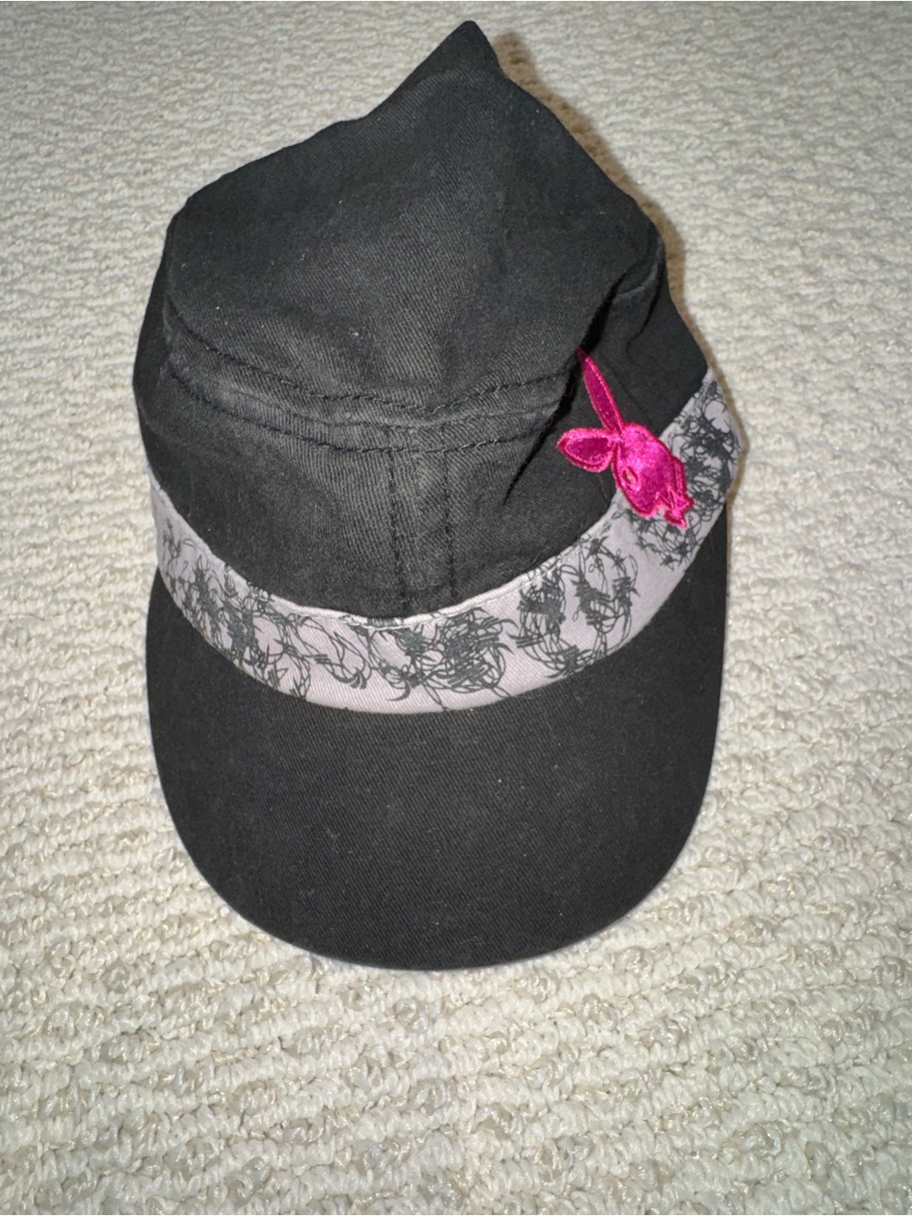 Playboy Black Cap with Pink Embroidered Flower Accent